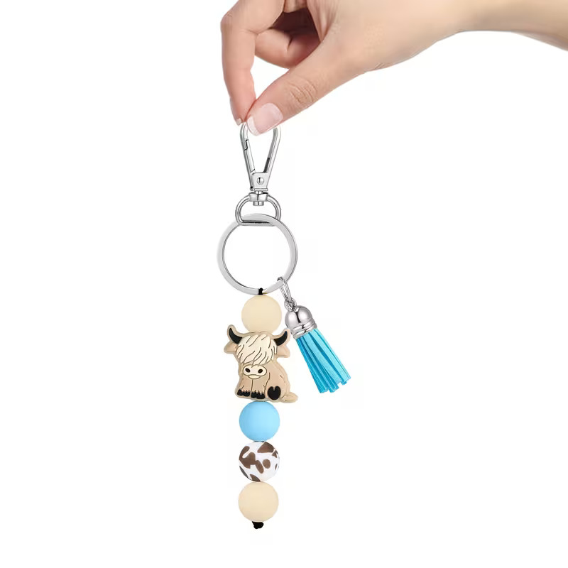 Silicon Beaded Keyring | Highland Cow Blue