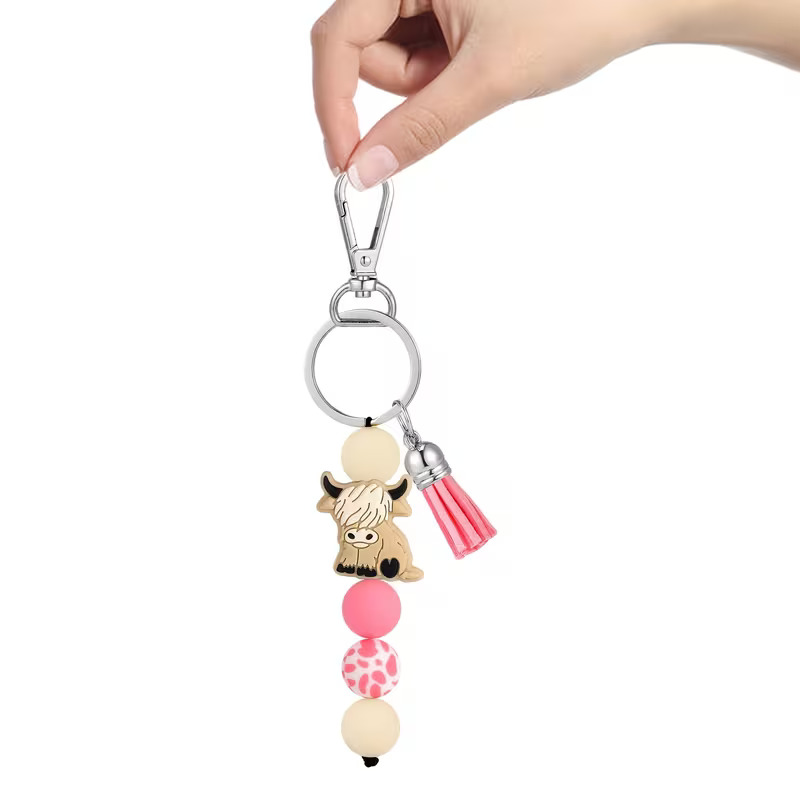 Silicon Beaded Keyring | Highland Cow Pink